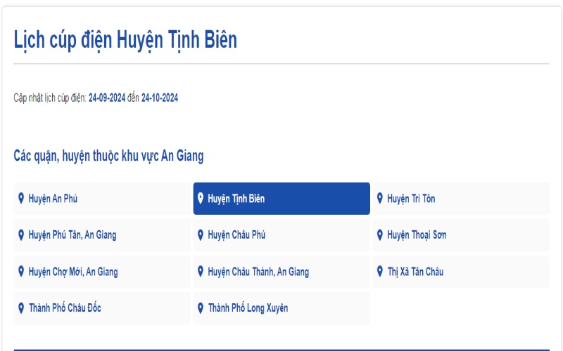 Lịch cúp điện Tịnh Biên hôm nay